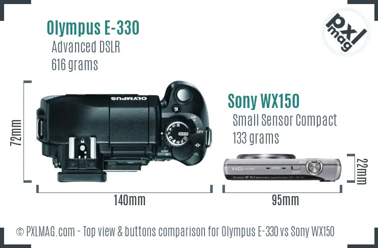 Olympus E-330 vs Sony WX150 top view buttons comparison