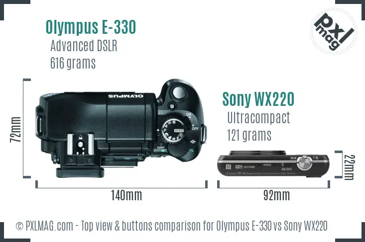 Olympus E-330 vs Sony WX220 top view buttons comparison