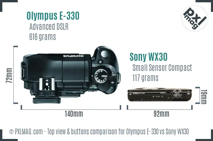 Olympus E-330 vs Sony WX30 top view buttons comparison