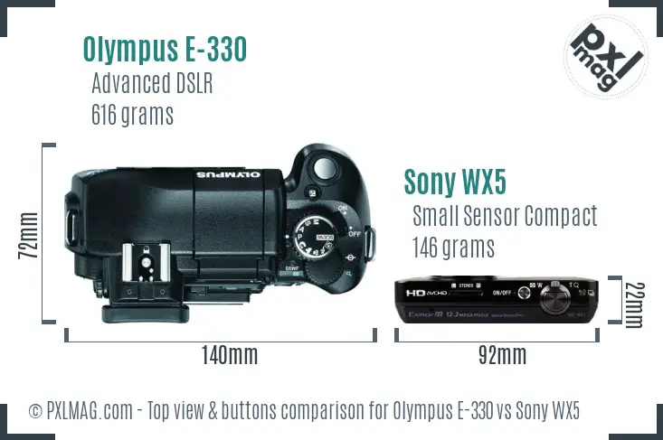 Olympus E-330 vs Sony WX5 top view buttons comparison