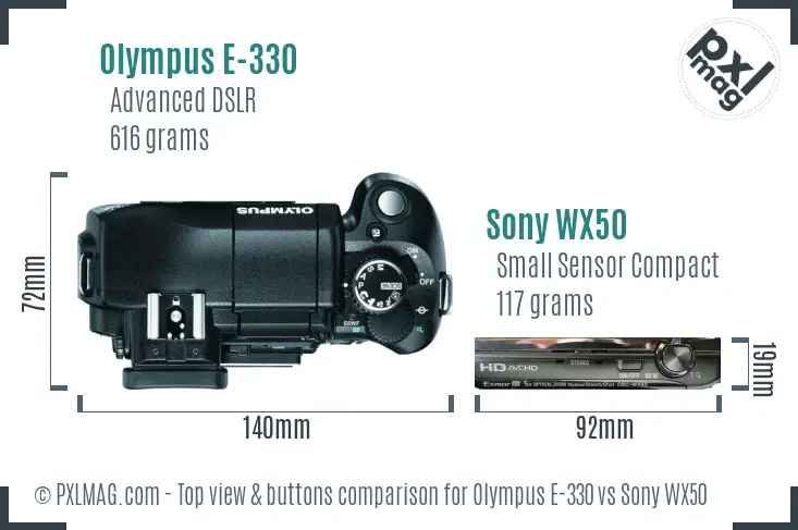 Olympus E-330 vs Sony WX50 top view buttons comparison
