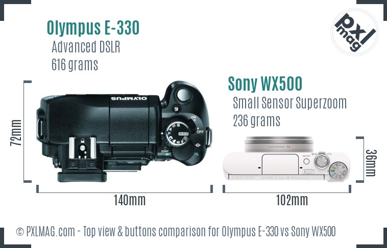 Olympus E-330 vs Sony WX500 top view buttons comparison