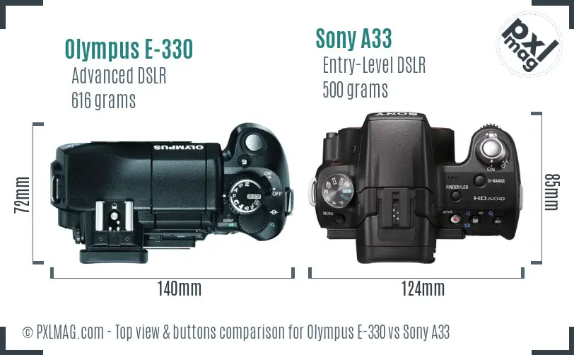 Olympus E-330 vs Sony A33 top view buttons comparison