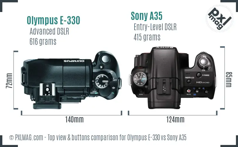 Olympus E-330 vs Sony A35 top view buttons comparison