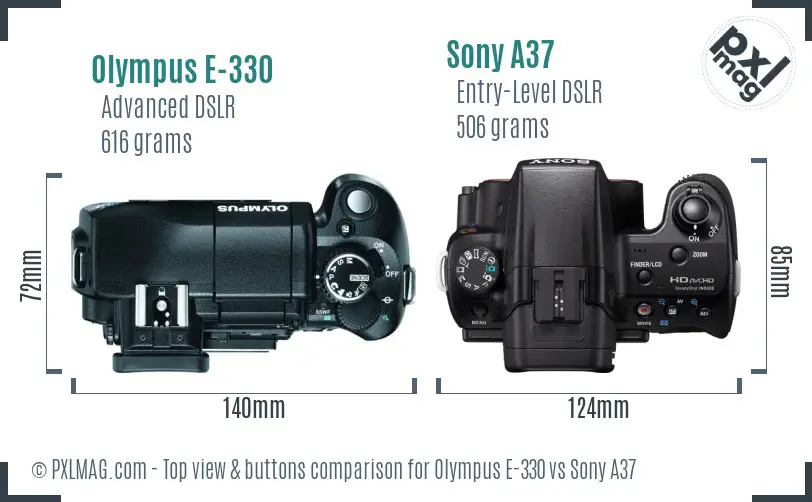 Olympus E-330 vs Sony A37 top view buttons comparison