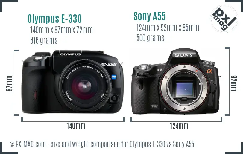 Olympus E-330 vs Sony A55 size comparison