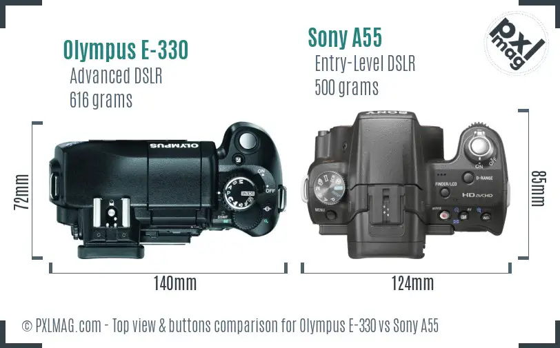 Olympus E-330 vs Sony A55 top view buttons comparison