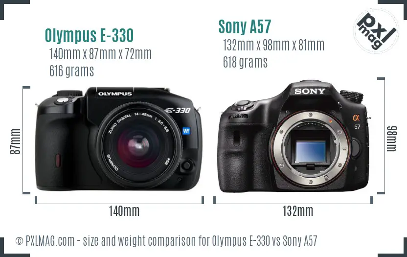 Olympus E-330 vs Sony A57 size comparison