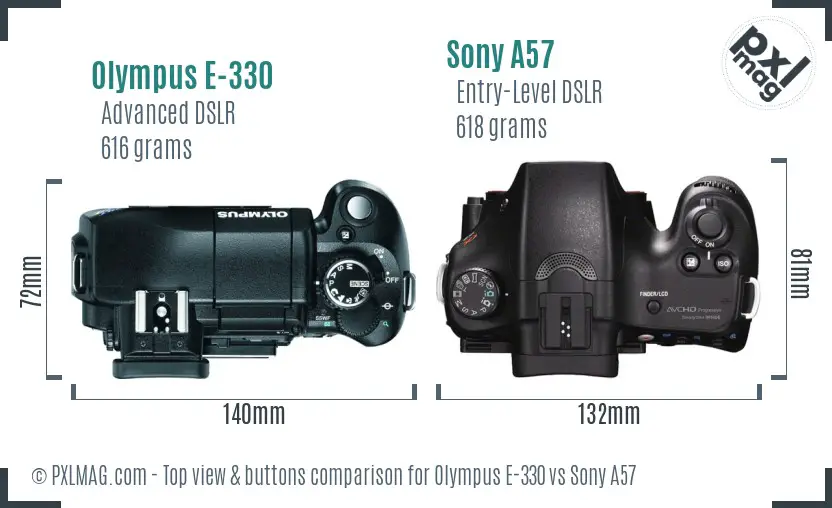 Olympus E-330 vs Sony A57 top view buttons comparison