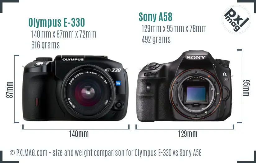 Olympus E-330 vs Sony A58 size comparison