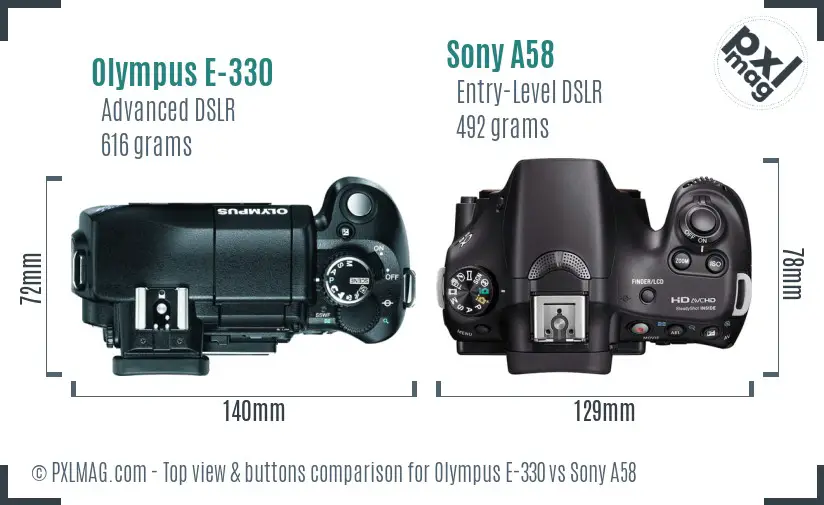 Olympus E-330 vs Sony A58 top view buttons comparison