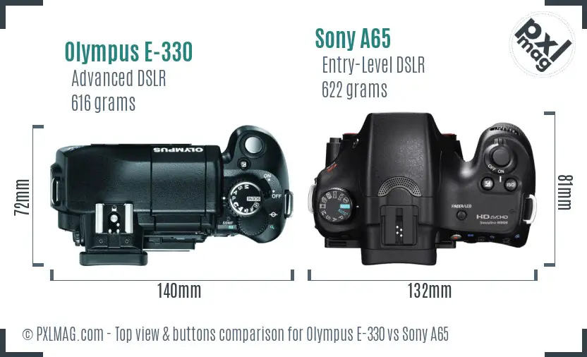 Olympus E-330 vs Sony A65 top view buttons comparison