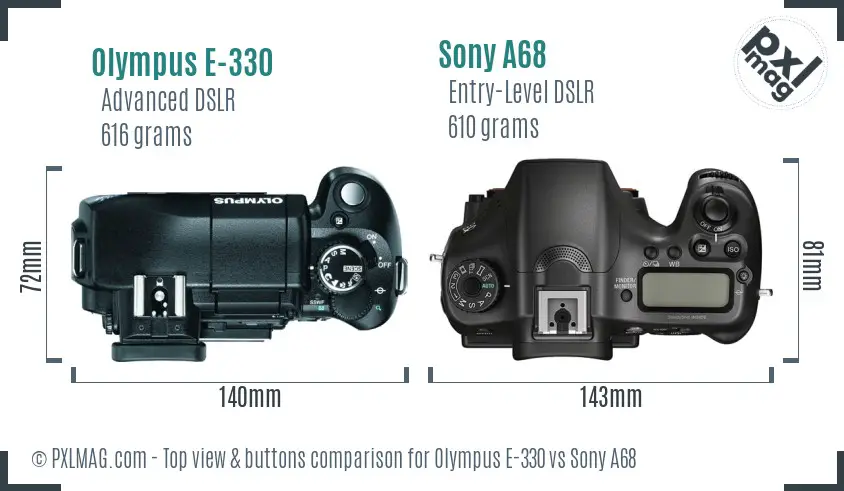 Olympus E-330 vs Sony A68 top view buttons comparison