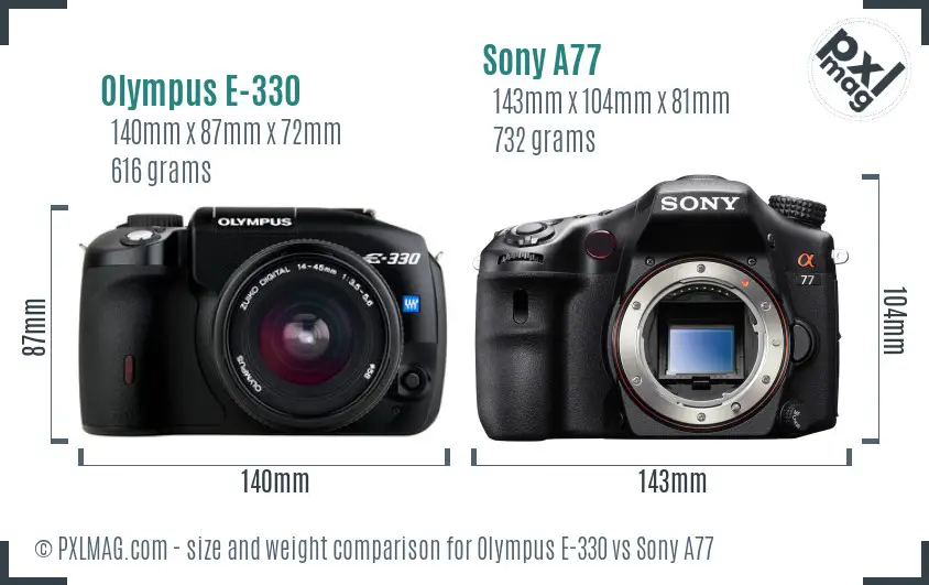 Olympus E-330 vs Sony A77 size comparison