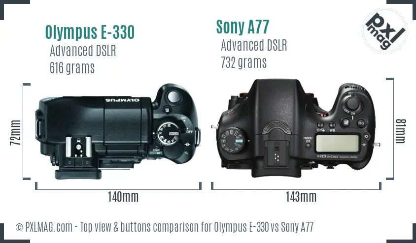 Olympus E-330 vs Sony A77 top view buttons comparison