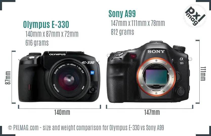 Olympus E-330 vs Sony A99 size comparison