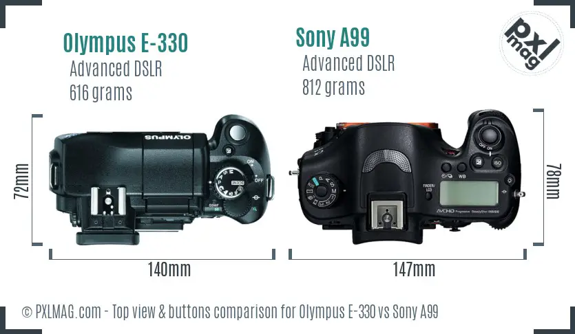 Olympus E-330 vs Sony A99 top view buttons comparison