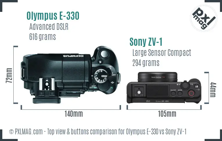 Olympus E-330 vs Sony ZV-1 top view buttons comparison Olympus E-330 vs Sony ZV-1 top view buttons comparison