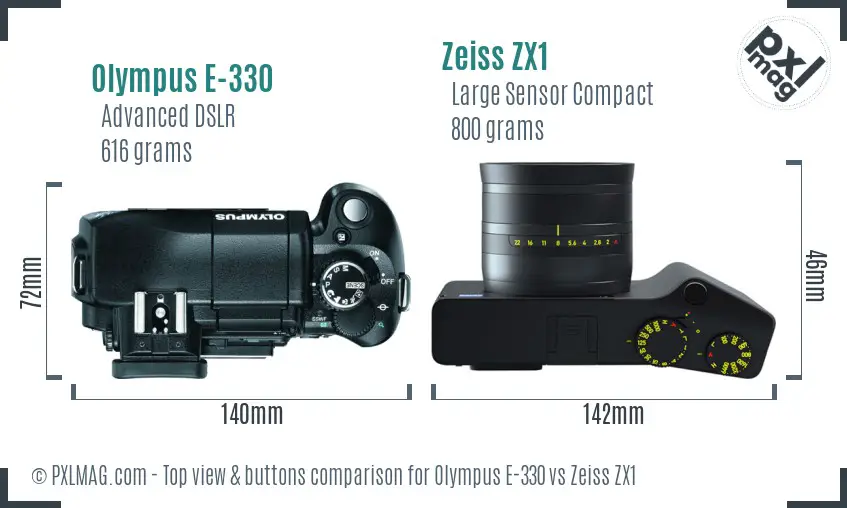 Olympus E-330 vs Zeiss ZX1 top view buttons comparison