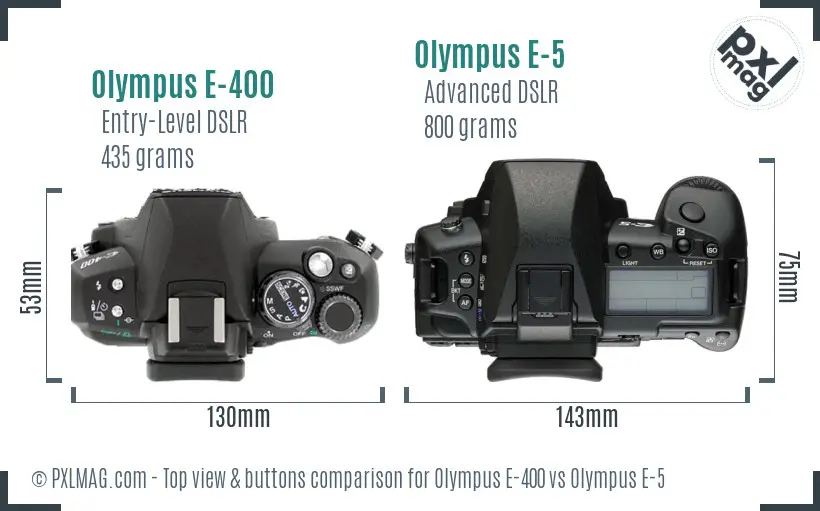Olympus E-400 vs Olympus E-5 top view buttons comparison