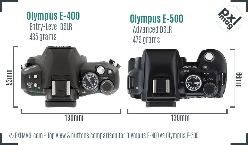 Olympus E-400 vs Olympus E-500 top view buttons comparison