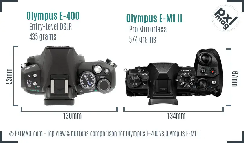 Olympus E-400 vs Olympus E-M1 II top view buttons comparison