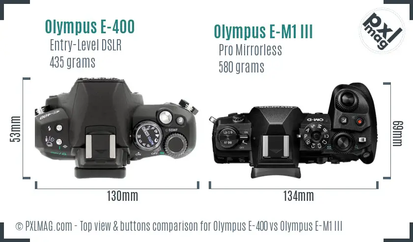 Olympus E-400 vs Olympus E-M1 III top view buttons comparison