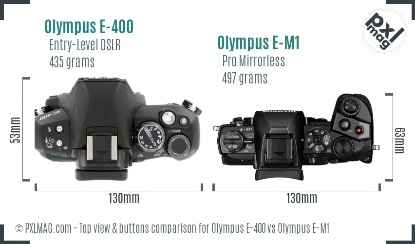 Olympus E-400 vs Olympus E-M1 top view buttons comparison