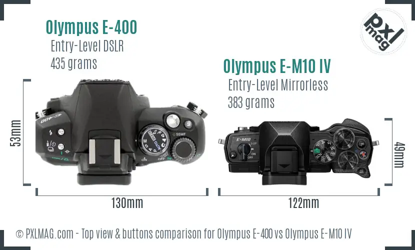 Olympus E-400 vs Olympus E-M10 IV top view buttons comparison