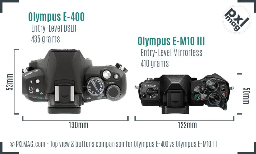 Olympus E-400 vs Olympus E-M10 III top view buttons comparison