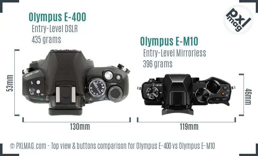 Olympus E-400 vs Olympus E-M10 top view buttons comparison