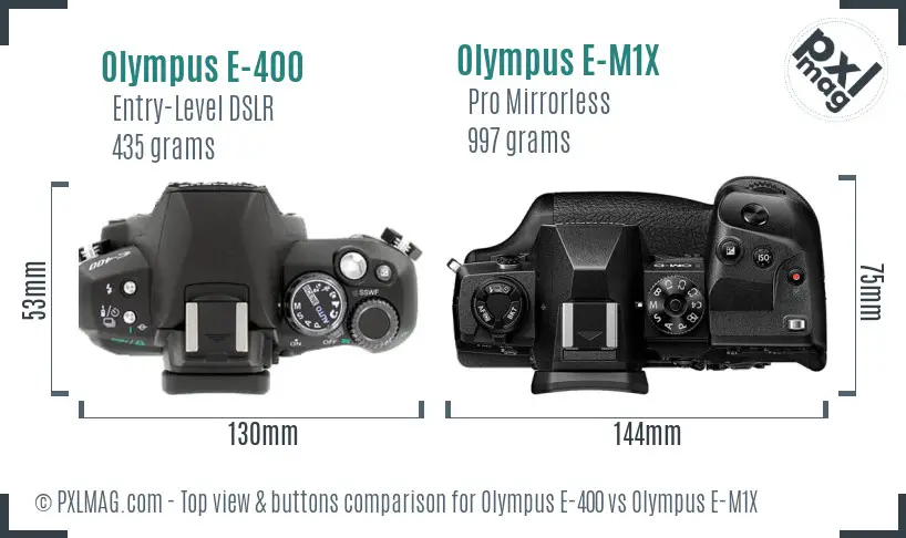 Olympus E-400 vs Olympus E-M1X top view buttons comparison