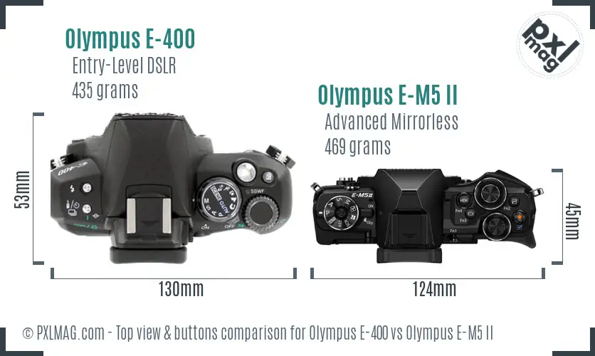 Olympus E-400 vs Olympus E-M5 II top view buttons comparison