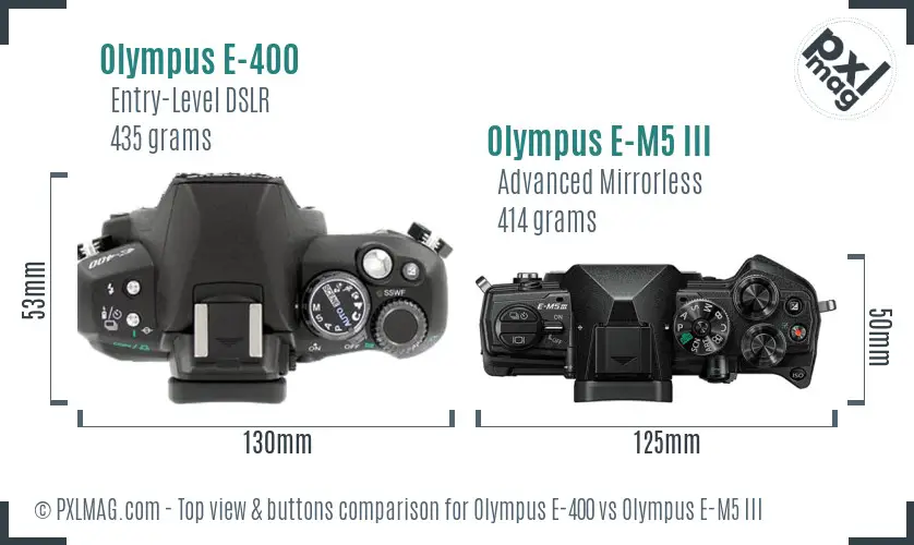 Olympus E-400 vs Olympus E-M5 III top view buttons comparison