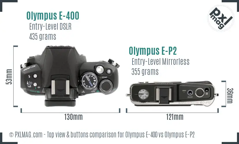 Olympus E-400 vs Olympus E-P2 top view buttons comparison