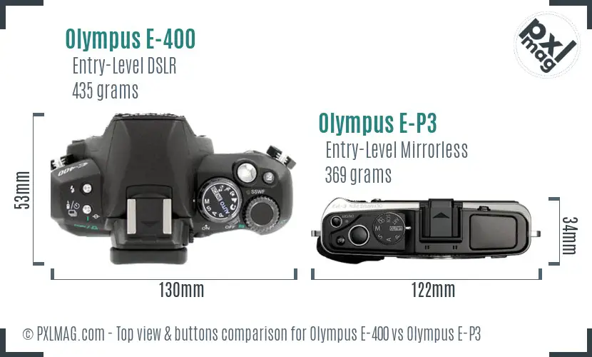Olympus E-400 vs Olympus E-P3 top view buttons comparison