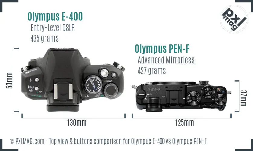 Olympus E-400 vs Olympus PEN-F top view buttons comparison
