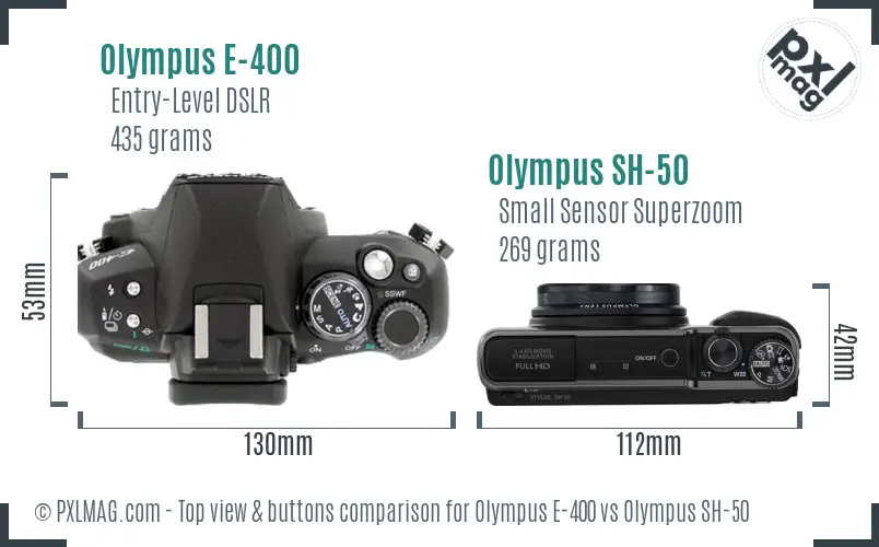 Olympus E-400 vs Olympus SH-50 top view buttons comparison