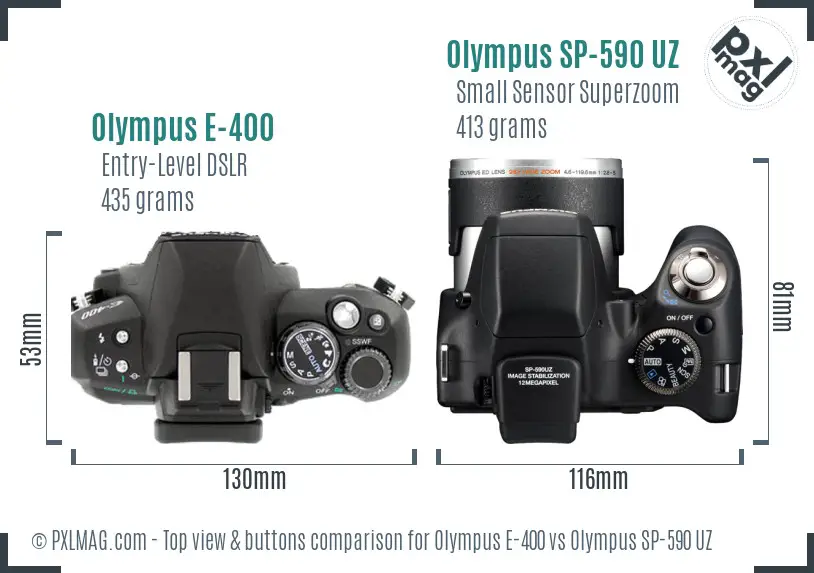 Olympus E-400 vs Olympus SP-590 UZ top view buttons comparison