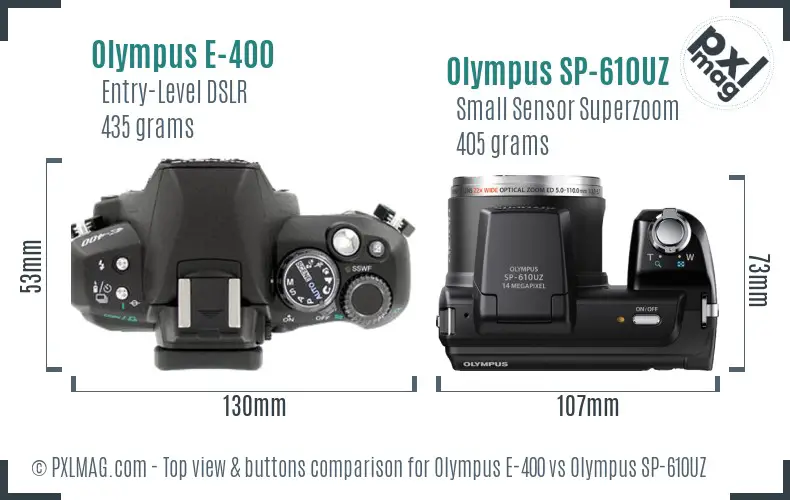 Olympus E-400 vs Olympus SP-610UZ top view buttons comparison