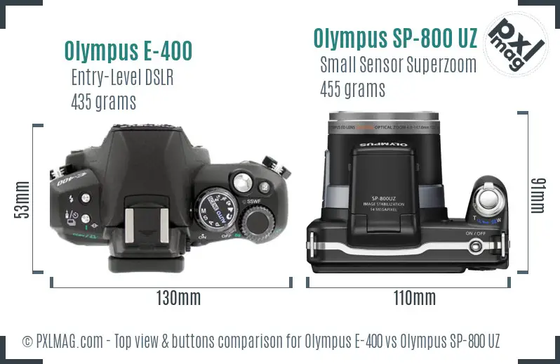 Olympus E-400 vs Olympus SP-800 UZ top view buttons comparison