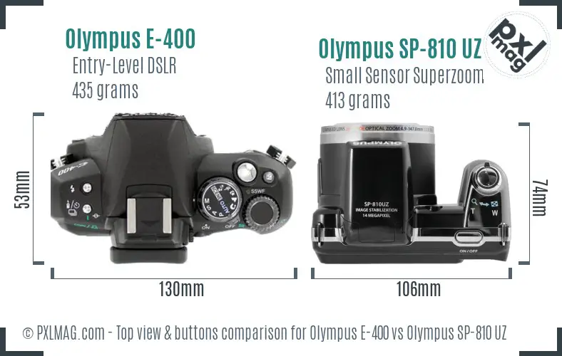 Olympus E-400 vs Olympus SP-810 UZ top view buttons comparison