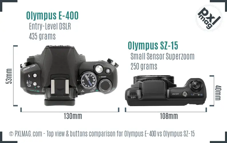 Olympus E-400 vs Olympus SZ-15 top view buttons comparison