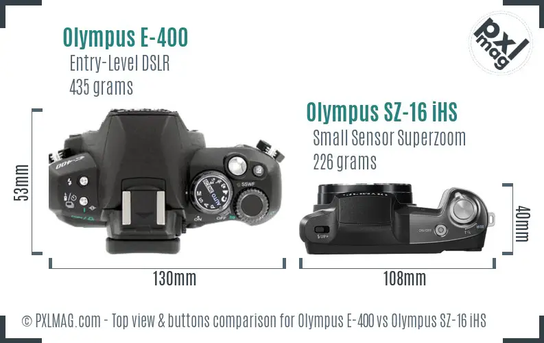 Olympus E-400 vs Olympus SZ-16 iHS top view buttons comparison
