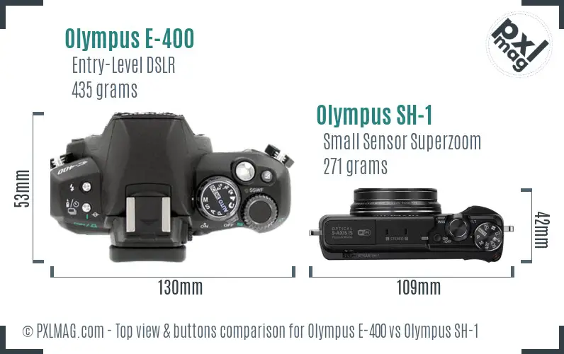 Olympus E-400 vs Olympus SH-1 top view buttons comparison