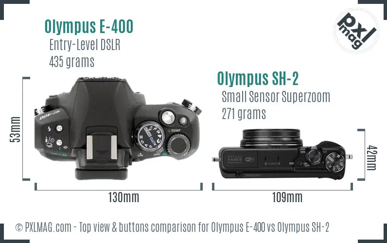 Olympus E-400 vs Olympus SH-2 top view buttons comparison