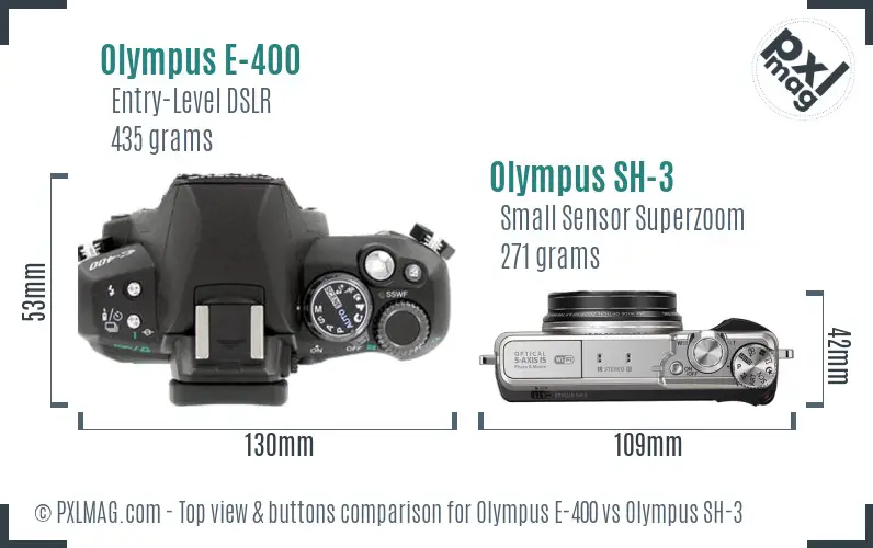 Olympus E-400 vs Olympus SH-3 top view buttons comparison