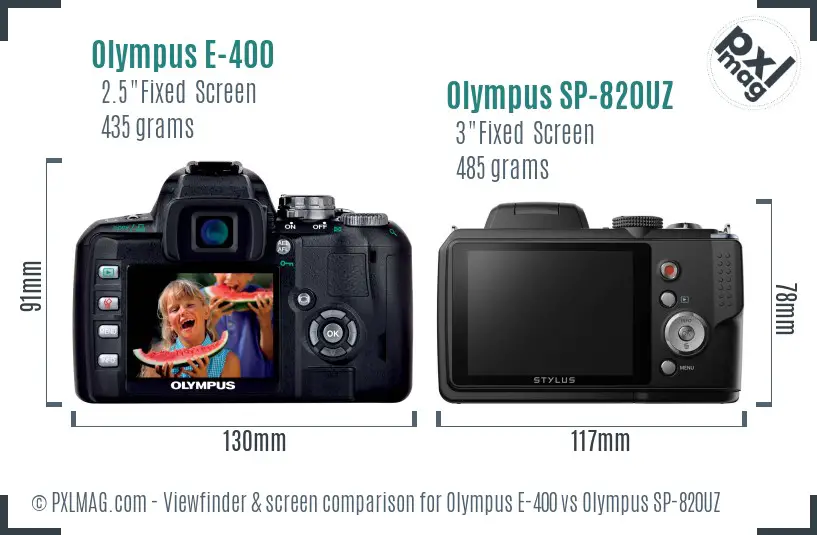 Olympus E-400 vs Olympus SP-820UZ Screen and Viewfinder comparison