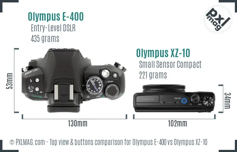 Olympus E-400 vs Olympus XZ-10 top view buttons comparison