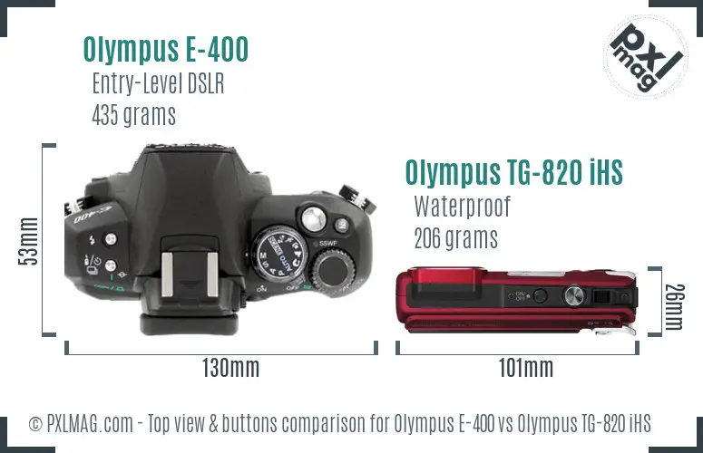 Olympus E-400 vs Olympus TG-820 iHS top view buttons comparison